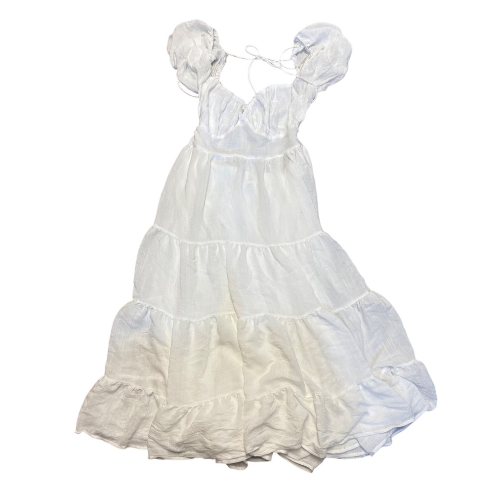 Princess Polly Danny White Cotton Tiered Puff Sleeve Midi Dress Tie Back size 12 - Picture 3 of 14